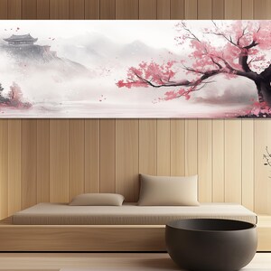 Japanese Ink Sakura Canvas Print – Cherry Blossom Wall Art – Zen Temple Painting – Misty Mountain Poster – Japanese Nature Room Decor