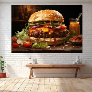 Beef Burger Canvas Print, Canvas Wall Art, Canvas Paint Art, Restaurant Decor, Digital Art, Art Room Decor, Canvas Print Ready to Hang.