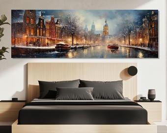 Christmas in Amsterdam Canvas Print – Winter Canal Wall Art – Snowy Amsterdam Painting – Amsterdam Poster – Christmas Home Decor