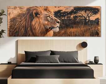 Majestic Lion in the Savannah – Safari Wall Art – African Wildlife Wall Decor – Nature-Inspired Lion Painting – African Lion Poster