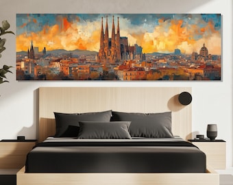 Barcelona Skyline Canvas Print – Sagrada Familia Sunset – Vibrant Barcelona Wall Art – Barcelona Skyline Poster – Gaudi Style Painting