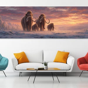 May include: A panoramic canvas print depicts a family of woolly mammoths walking across a snowy landscape. The artwork features a warm sunset with shades of orange, pink, and purple, creating a serene and prehistoric scene.