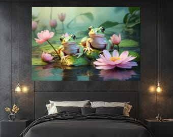 Whimsical Frog Canvas Print – Cute Frog Wall Art – Floral Lily Pad Painting – Peaceful Nature Decor – Animal Lover Gift Idea