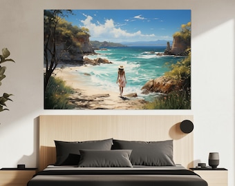 Stampa su tela "Ocean Walk" - Paesaggio costiero - Dipinto di donna sulla spiaggia - Poster con vista sul mare - Decorazione estiva tranquilla per la stanza