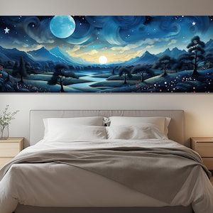 Impresión en lienzo de paisaje celestial – Arte mural de cielo nocturno de fantasía – Ilustración surrealista de luna y sol – Póster de naturaleza caprichosa