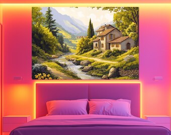 Alpine Landscape Canvas Print, Living Room Wall Art, Alpine River Poster, Bedroom Decor, Alpine Mountain View, Mountain River Painting