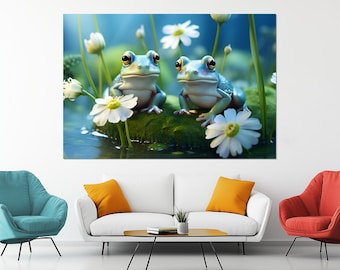 Funny Frogs Canvas Print – Cute Frog Wall Art – Whimsical Nature Painting – Spring Lily Pad Decor – Gift for Nature Lovers