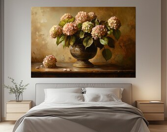 Hydrangea Canvas Print – Classic Floral Wall Art – Elegant Vintage Bouquet Painting – Hydrangea Flower Decor – Romantic Botanical Artwork
