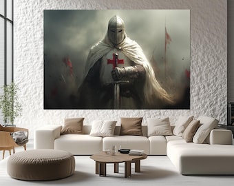 Templar Knight Canvas Print – Crusader Wall Art – Medieval Warrior Poster – Knight with Sword Painting – Bold Historical Wall Decor