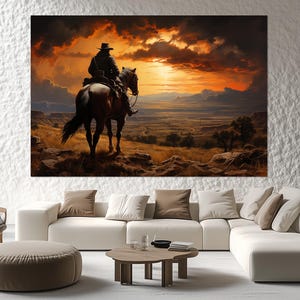 Cowboy Riding At Sunset Canvas Print – Western Sunset Wall Art – Lone Rider Painting – Cowboy Riding Poster – Wild West Home Decor
