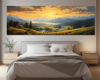 Impresión en lienzo de paisaje de montaña – Arte mural del valle del amanecer – Póster de naturaleza apacible – Regalo para amantes de la naturaleza – Pintura de paisajes