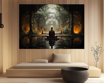 Meditation Canvas Print – Zen Monk Wall Art – Meditative Forest Painting – Meditation Poster – Tranquil Temple Decor – Spiritual Artwork