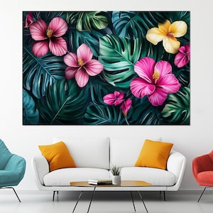 Tropical Flower Canvas Print – Hibiscus & Monstera Wall Art – Hawaiian Botanical Painting – Gift for Plant Fans – Jungle Decor Poster