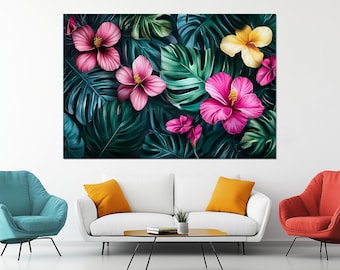 Tropical Flower Canvas Print – Hibiscus & Monstera Wall Art – Hawaiian Botanical Painting – Gift for Plant Fans – Jungle Decor Poster