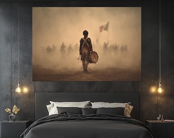 May include: A canvas print depicts a historical scene of soldiers in a foggy battlefield. A lone figure with a drum walks towards the viewer, with a flag waving in the background. The artwork is dominated by sepia tones, creating a vintage aesthetic.