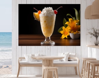 Impresión artística de cóctel de piña colada - Póster de bebida tropical de piña - Pintura de piña colada - Decoración de casa de playa - Arte mural de piña colada