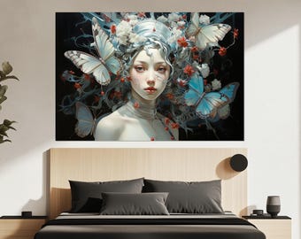 Motylowa Bogini, wydruk na płótnie – surrealistyczna, fantastyczna sztuka ścienna – plakat z zaczarowaną damą – fantazyjny obraz kwiatowy – eteryczna, kobieca dekoracja ścienna
