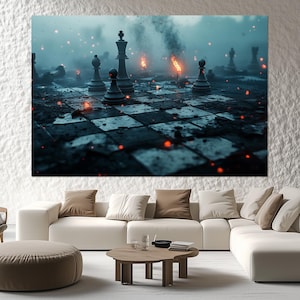War Chess Canvas Print – Battle Chess Wall Art – Epic Chess Wall Decor – Burning Chessboard Poster – Epic Chess Painting