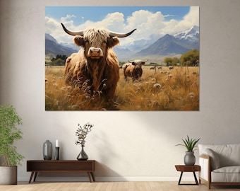Grand art mural noir et blanc vache Highland, vache écossaise affiche numérique, impression photographie western rustique, toile animaux de la ferme de bovins - France