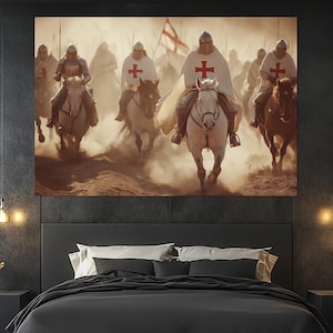Templar Knights Charge Canvas Print – Crusaders on Horseback Wall Art – Medieval Battle Poster – Christian Warrior Painting