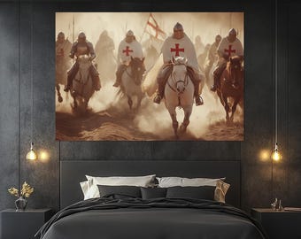 Templar Knights Charge Canvas Print – Crusaders on Horseback Wall Art – Medieval Battle Poster – Christian Warrior Painting