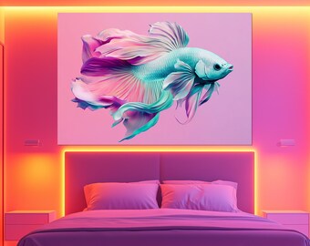 Impresión en lienzo de pez luchador siamés – Arte mural de luchador siamés en tonos pastel – Elegante pintura de mascota – Regalo para amantes de los peces – Póster de colores suaves