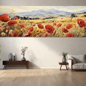 Mohnblumen Feld Leinwanddruck, Leinwand Wandkunst, Schlafzimmer Dekor, Wohnzimmer Dekor, Leinwand Print fertig zum Aufhängen, Wildblumen Bild.