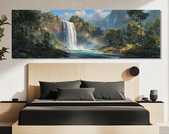 Waterfall Canvas Print – Tropical Jungle Wall Art – Rainbow Nature Poster – Lush Landscape Painting – Serene Forest River Decor