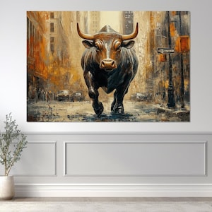 Charging Bull on Wall Street Canvas Print, Canvas Wall Art, Charging Bull Paint Art, Modern Room Decor, Digital Art, Charging Bull Picture.