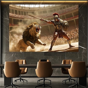 Epic Gladiator vs. Lion Canvas Print – Ancient Rome Battle Wall Art – Colosseum Arena Scene – Heroic Gladiator Painting – Gladiator Artwork