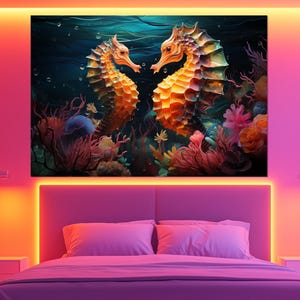Seahorse Pair Canvas Print – Vibrant Underwater Wall Art – Ocean Life Painting – Colorful Coral Reef Decor – Seahorse Vibrant Poster