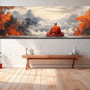 Zen Monk Wall Art – Autumn Meditation Print – Tranquil Mountain Landscape – Buddhist Monk Painting – Zen Wall Decor – Spiritual Poster