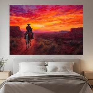 Cowboy Sunset Canvas Print – Wild West Wall Art – Horse Rider Painting – Western Landscape Poster – Desert Sunset Wall Decor