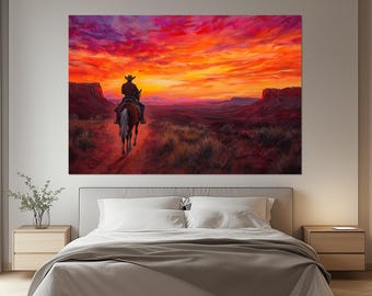 Cowboy Sunset Canvas Print – Wild West Wall Art – Horse Rider Painting – Western Landscape Poster – Desert Sunset Wall Decor