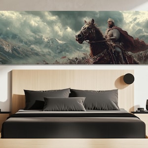 May include: A panoramic canvas print showing a medieval king on horseback leading an army. The artwork features a dramatic sky, snow-capped mountains, and a battle scene. The king wears a crown and red cape.