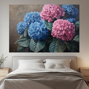 Blue & Pink Hydrangea Canvas Print – Vibrant Botanical Wall Art – Blooming Flower Painting – Elegant Nature Decor – Romantic Garden Artwork