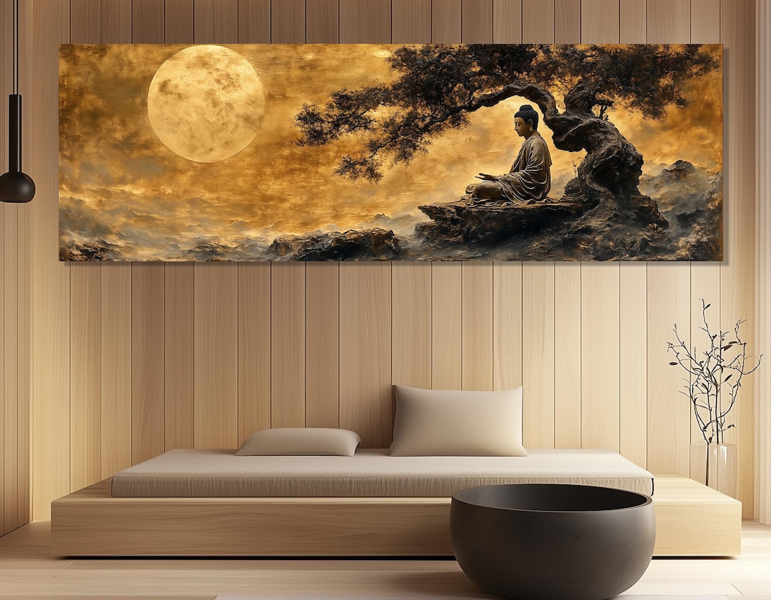Golden Buddha Moonlight Wall Art – Mystical Meditation Painting – Full ...
