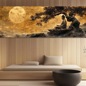 Väggkonst med månsken i gyllene Buddha – Mystisk meditationsmålning – Andlig canvastavla med fullmåne – Zenväggdekoration – Poster med gyllene Buddha