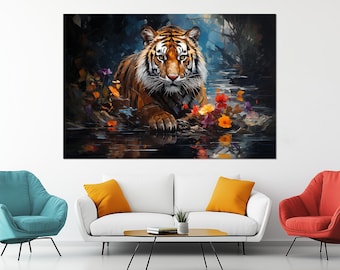 Impresión en lienzo de un tigre majestuoso – Arte mural de tigre de la jungla – Póster de vida silvestre audaz – Pintura de un tigre majestuoso – Decoración de pared de animales exóticos