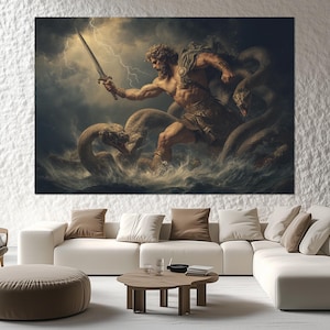 Heracles and the Hydra Canvas Print – Greek Mythology Wall Art – Hercules Battle Painting – Legendary Hero Poster – Myth Wall Decor