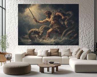 Heracles and the Hydra Canvas Print – Greek Mythology Wall Art – Hercules Battle Painting – Legendary Hero Poster – Myth Wall Decor
