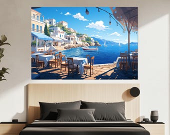 Seaside Greek Restaurant Canvas Print – Mediterranean Coast Wall Art – Greek Restaurant Painting – Greece Wall Decor – Coastal Getaway Gift