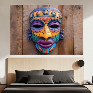 Color Burst Tribal Mask Canvas – Vibrant African Wall Art – Boho Ethnic Decor – Handcrafted Mask Poster – Colorful Heritage Home Decor