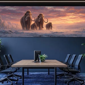 May include: A large canvas print depicting a family of woolly mammoths in a snowy landscape under a sunset sky. The mammoths are brown with large tusks. The sky is a mix of orange, pink, and purple hues.