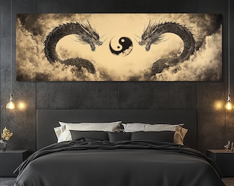 Impression sur toile Dragons Yin Yang - oeuvre d'art murale dragon oriental - affiche Yin Yang - décoration mythologie asiatique - peinture dragon zen - décoration murale zen
