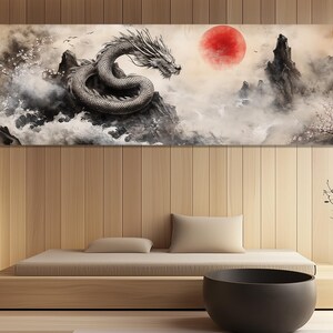 Chinesischer Drache mit Roter Sonne Leinwanddruck – Orientalische Drachenmalerei – Asiatische Wandkunst – Zendrache Poster – Gelassene Drachen Illustration