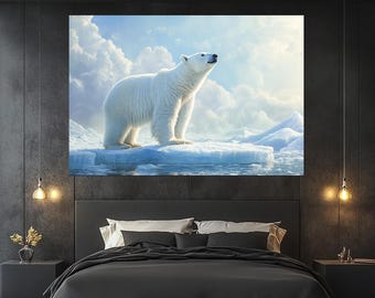 Polar Bear Canvas Print – Arctic Wildlife Wall Art – Polar Bear Ice Landscape Painting – White Bear Poster – Arctic Nature Room Decor