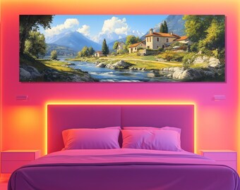 Alpine River Canvas Print, Alpine Landscape View, Alpine Village Painting, Living Room Wall Art, Alpine Landscape Poster, River in the Alps