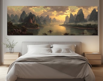 Lienzo impreso del río Guilin – Arte mural de montaña kárstica – Obra de arte de pagoda china – Pintura de paisaje fluvial