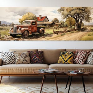 Impressão em tela de caminhão de fazenda rústico - pôster de caminhonete vintage - arte de parede de estrada rural - pintura de celeiro antigo - presente para fazendeiro ou amante da cultura americana